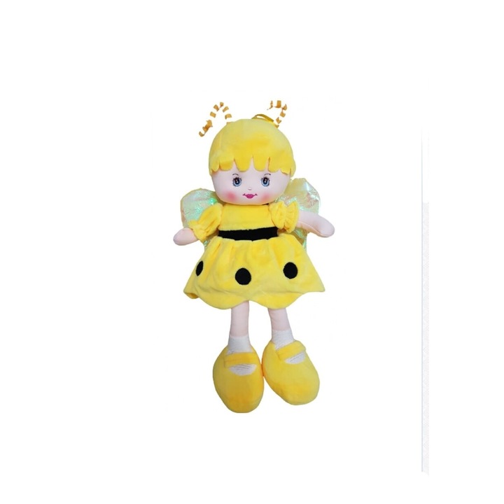 Papusa de plus, Albinuta, care canta in limba romana, galben, 38 cm