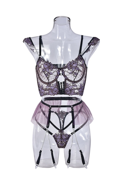 BOMSTOM szexi fehérnemű szett, push-up melltartó és harisnyakötő öv, csipke, lila, M