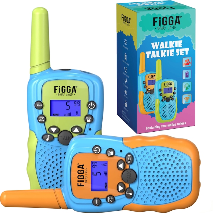 2db Walkie Talkie FiGGA állomás gyerekeknek, zseblámpa és antenna, hatótáv 3 km, VOX funkció, műanyag, 2 különböző színben
