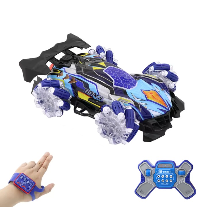 Masinuta cu Telecomanda si Senzor de Mana, ABY PRODUCTS, 2.4 GHz, Lumini Led Colorate si Muzica, Functie de Pulverizare-Aburi, Drift, 6-13 Ani, Rotire 360 Grade, Albastru