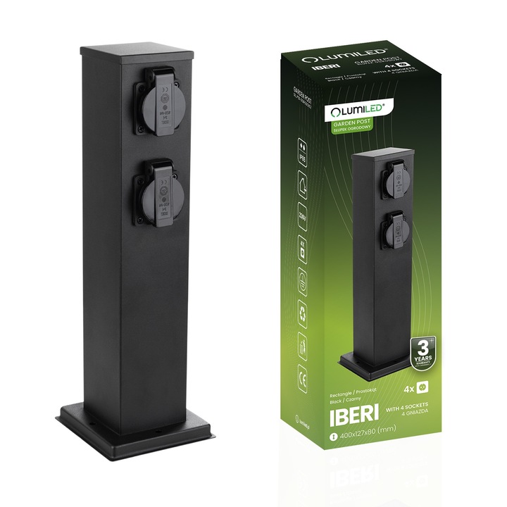 Градински стълб IBERI, Lumiled, 40 см, 4 гнезда, черен, IP65