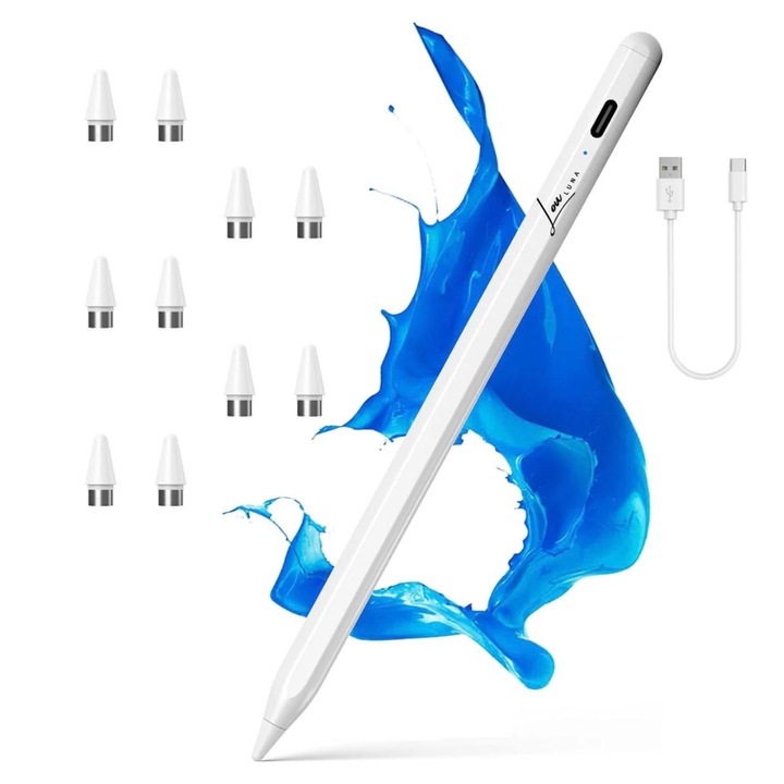 Stylus Ipad Pen Universal, Louluna, Creion pentru Touch Screen, Tableta, Telefon Iphone, Android, 10 Penite Incluse, Varf anti-zgarieturi, Magnetic, USB-C, 16, 5 cm, Alb