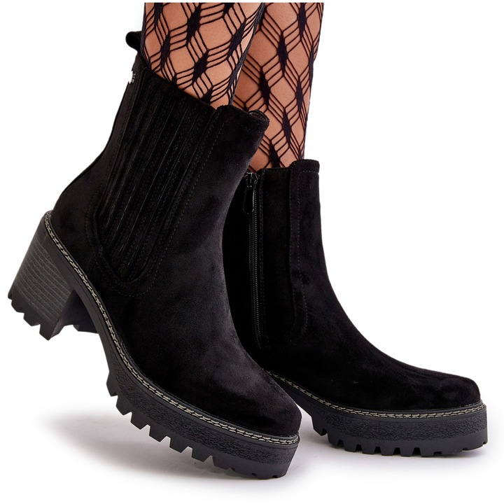 Дамски боти с ток, екологична кожа, Черен