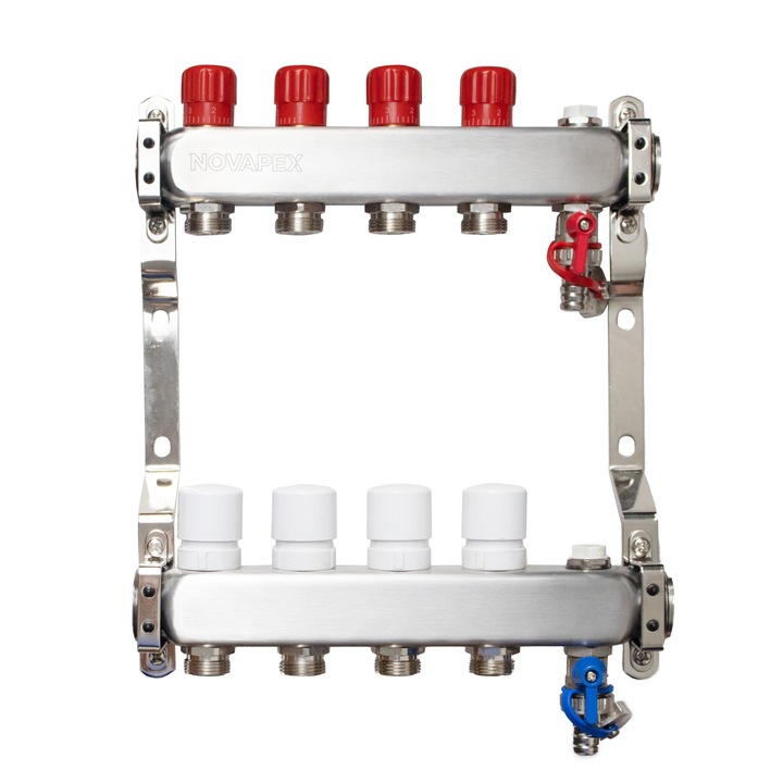 Set de distribuitor – colector din inox pentru radiatoare echipat cu robinet de golire, aerisitor, si dop de blindare NOVAPEX - 2 cai, 1"x3/4"