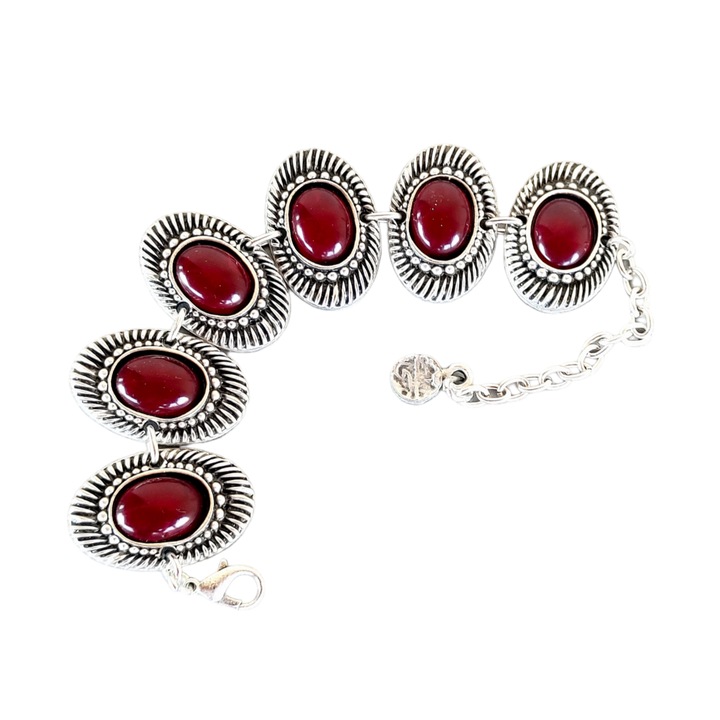 Bratara pentru femei din zamac argintat cu sase piese ovale cu rosu, 15 cm