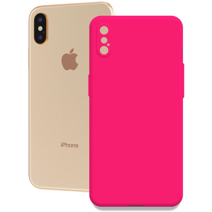 Husa pentru Apple iPhone X / XS, Color Shield, Interior de catifea, Suprafata aderenta, Protectie antisoc, Margini ridicate, Regular Fit, Silicon, Roz neon