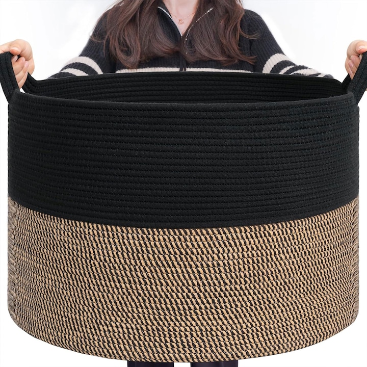 Cos de Rufe Elindor® Ideal pentru Haine Murdare, Jucarii, Diverse Obiecte, Recipient Sortare Rotund de 90 L, pentru Casa, Baie, Living, Hol, Camera Copiilor sau Hotel, 55 x 35 cm, Impletit din Franghie din Bumbac, Negru