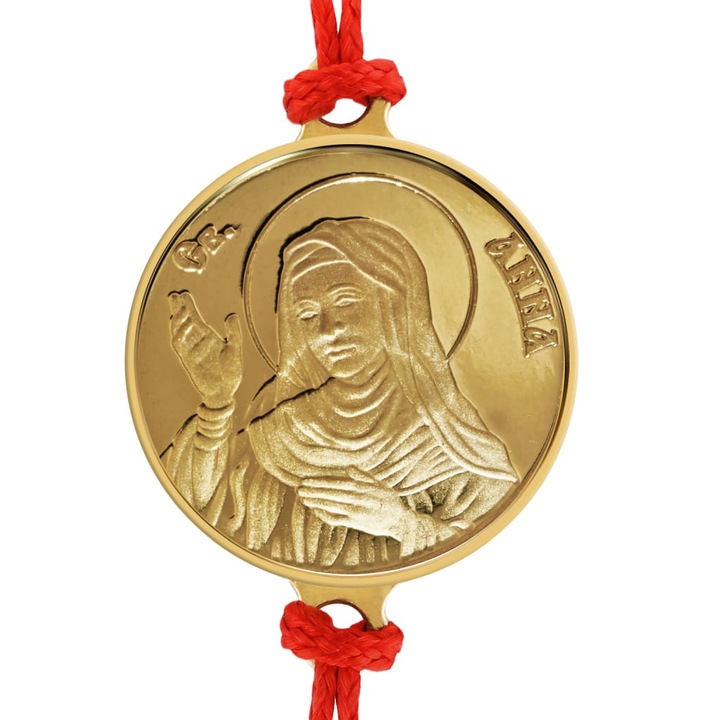 Piros zsinór karkötő 18 karátos sárga arany érmével Szent Anna 16 mm, ~2 g., 0.06 oz