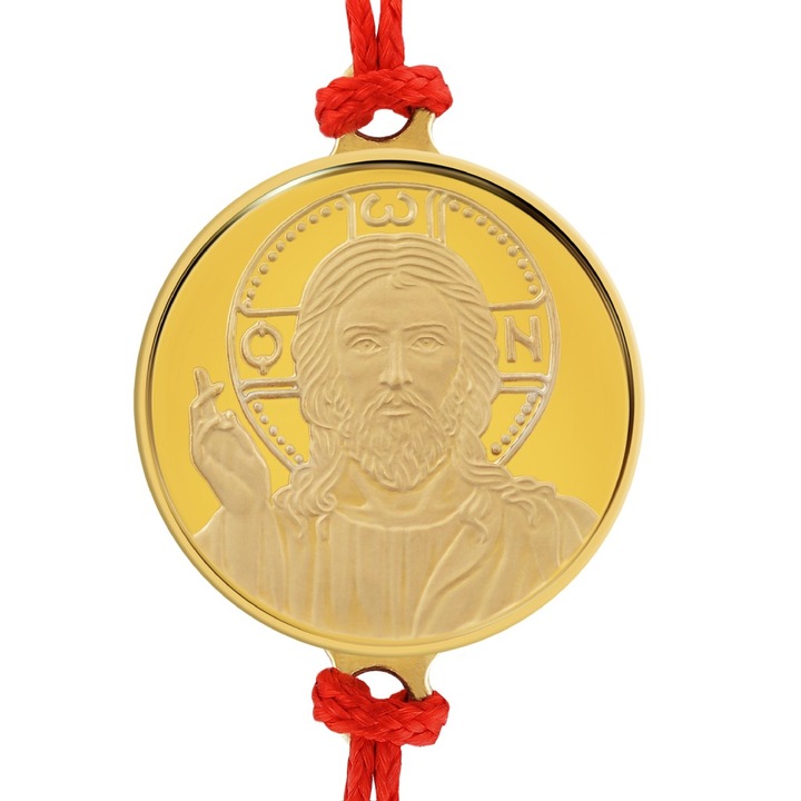 Piros zsinór karkötő 18 karátos sárga arany érmével Jézus Krisztus 16 mm, ~2 g., 0.06 oz