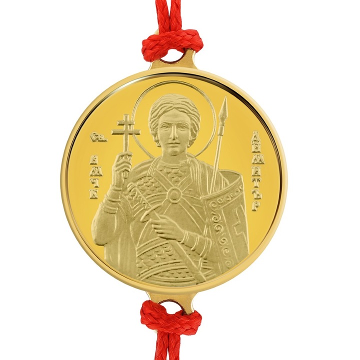 Piros zsinór karkötő 18 karátos sárga arany érmével Szent Demetrius 16 mm, ~2 g., 0.06 oz
