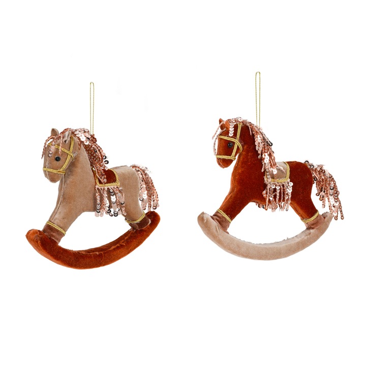 Set de 2 decoratiuni: cal balansoar maro mix 17 cm
