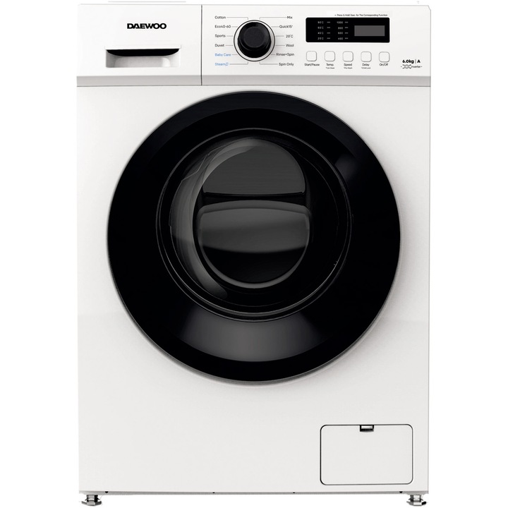 Пералня DWD-MV1011-4 Daewoo, 6 кг, 1000 оборота, Клас А, Инверторен мотор, Програма с пара, 12 програми, Бял