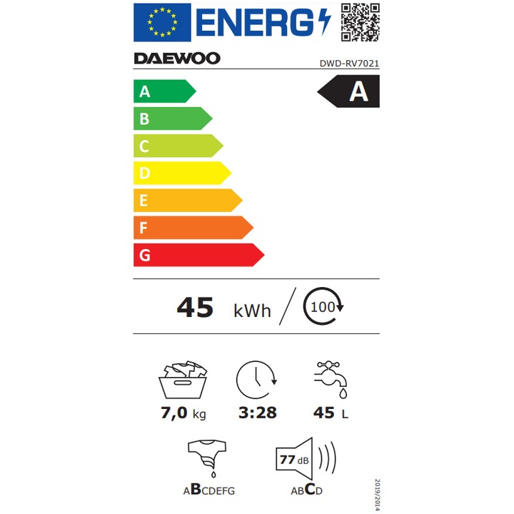Masina de spalat rufe Daewoo DWD-RV7021, 7 kg, Clasa A, 1400 RPM, Motor inverter, Spalare cu Abur, Alb
