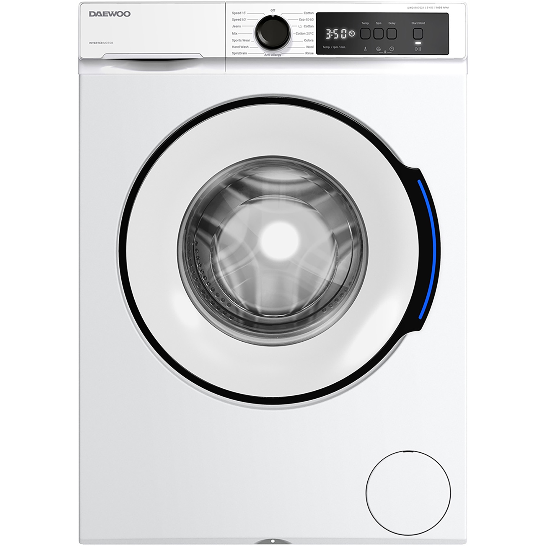 Masina de spalat rufe Daewoo DWD-RV7021, 7 kg, Clasa A, 1400 RPM, Motor inverter, Spalare cu Abur, Alb