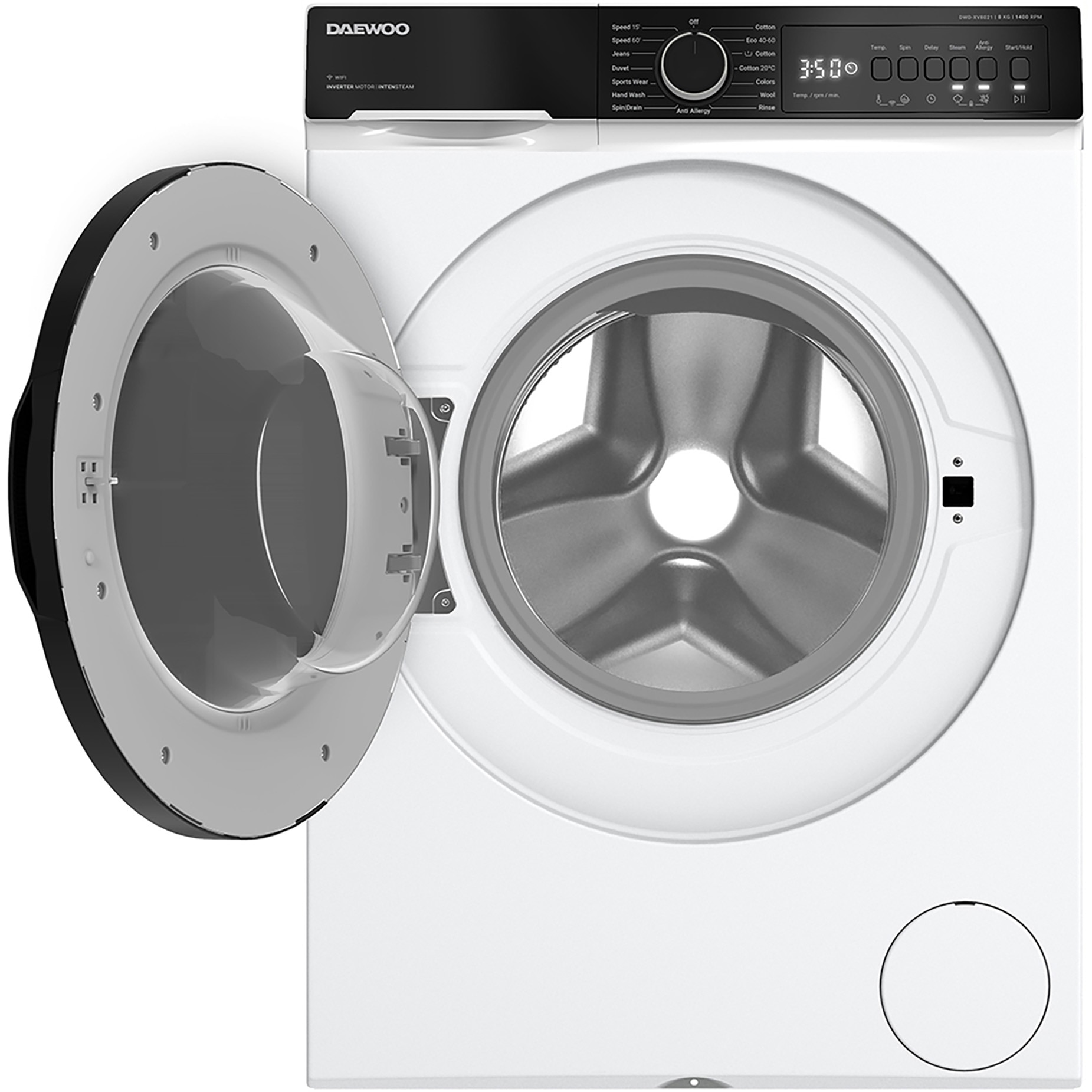 Masina de spalat rufe DWD-XV8021 Daewoo, 8 kg, motor inverter, 1400 rpm, clasa A, 55 l capacitate, functie Wi-fi, design: Panou T2 negru + usa XXL neagra, culoare Alb