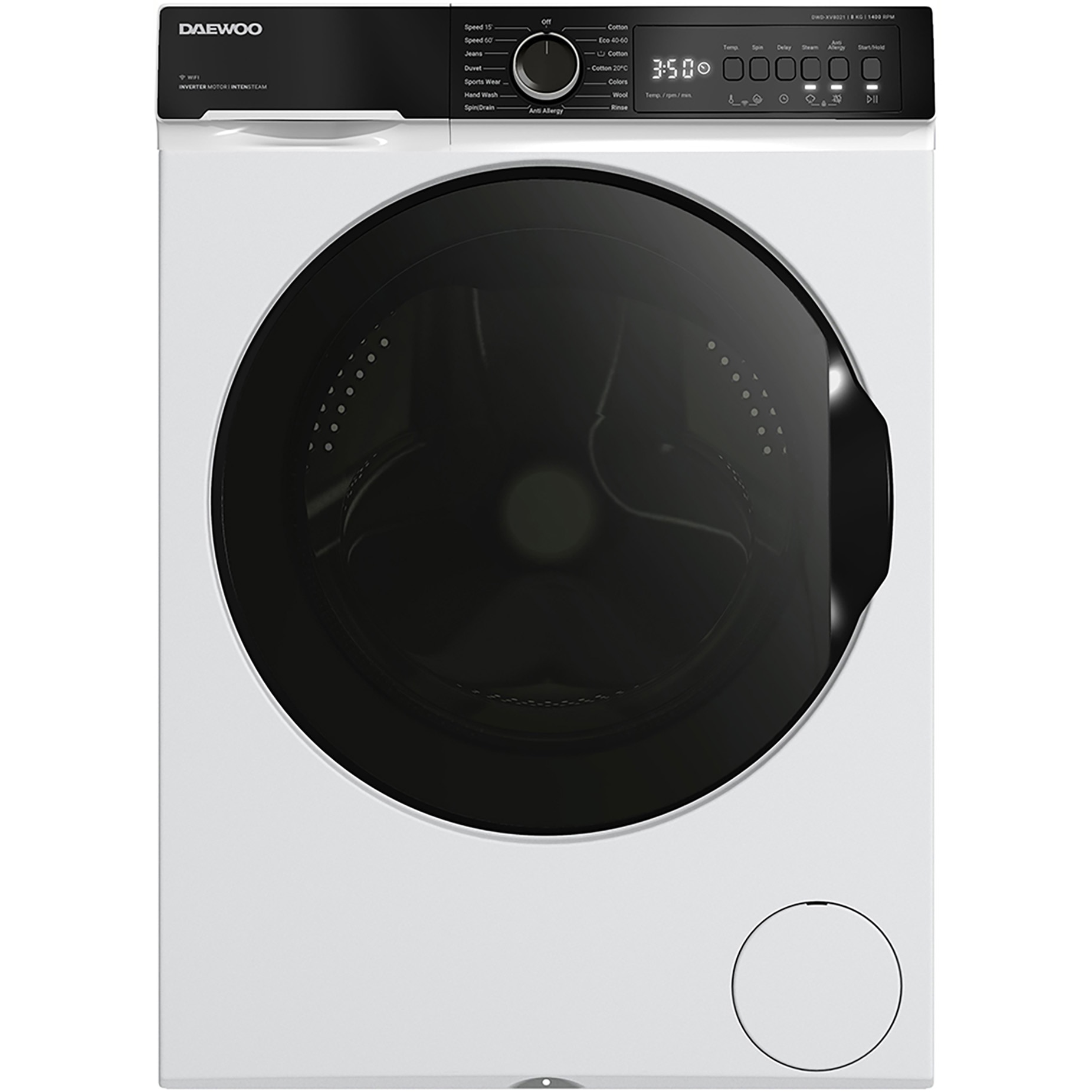 Masina de spalat rufe DWD-XV8021 Daewoo, 8 kg, motor inverter, 1400 rpm, clasa A, 55 l capacitate, functie Wi-fi, design: Panou T2 negru + usa XXL neagra, culoare Alb