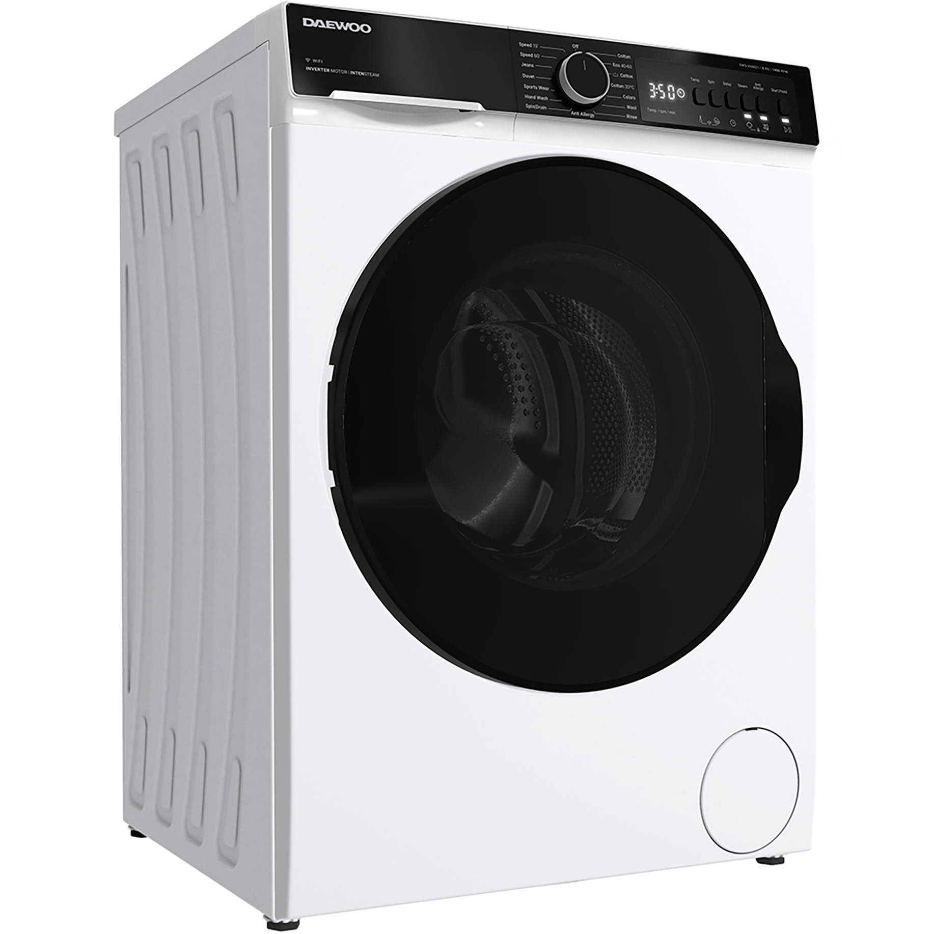 Masina de spalat rufe DWD-XV8021 Daewoo, 8 kg, motor inverter, 1400 rpm, clasa A, 55 l capacitate, functie Wi-fi, design: Panou T2 negru + usa XXL neagra, culoare Alb
