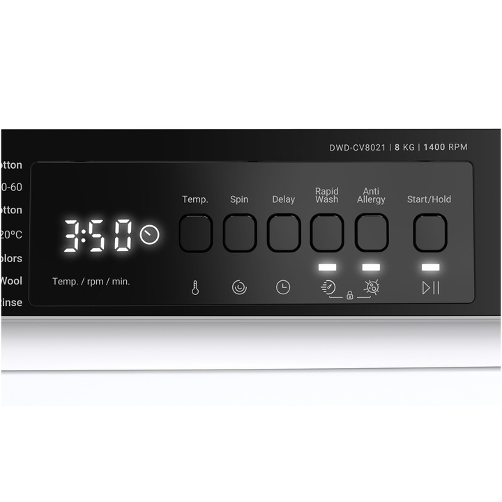 Masina de spalat rufe DWD-CV8021 Daewoo, 8 kg, Clasa A, 1400 RPM, Motor inverter, Steam Wash, Alb
