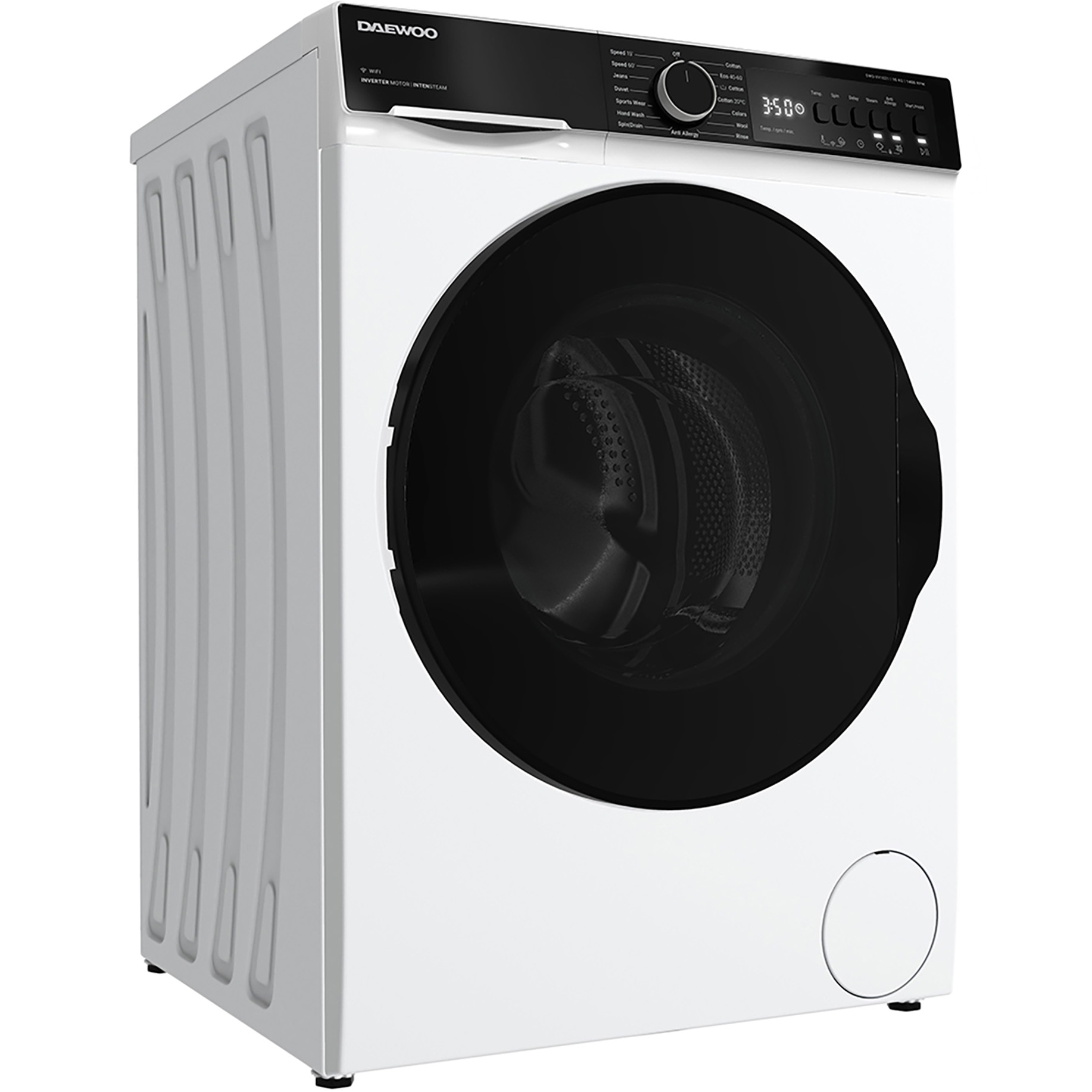 Masina de spalat rufe DWD-XV1021 Daewoo, 10 kg, Clasa A, 1400 rpm, Motor inverter, Spalare cu Abur, Functie Wi-fi, Usa XXL, Alb