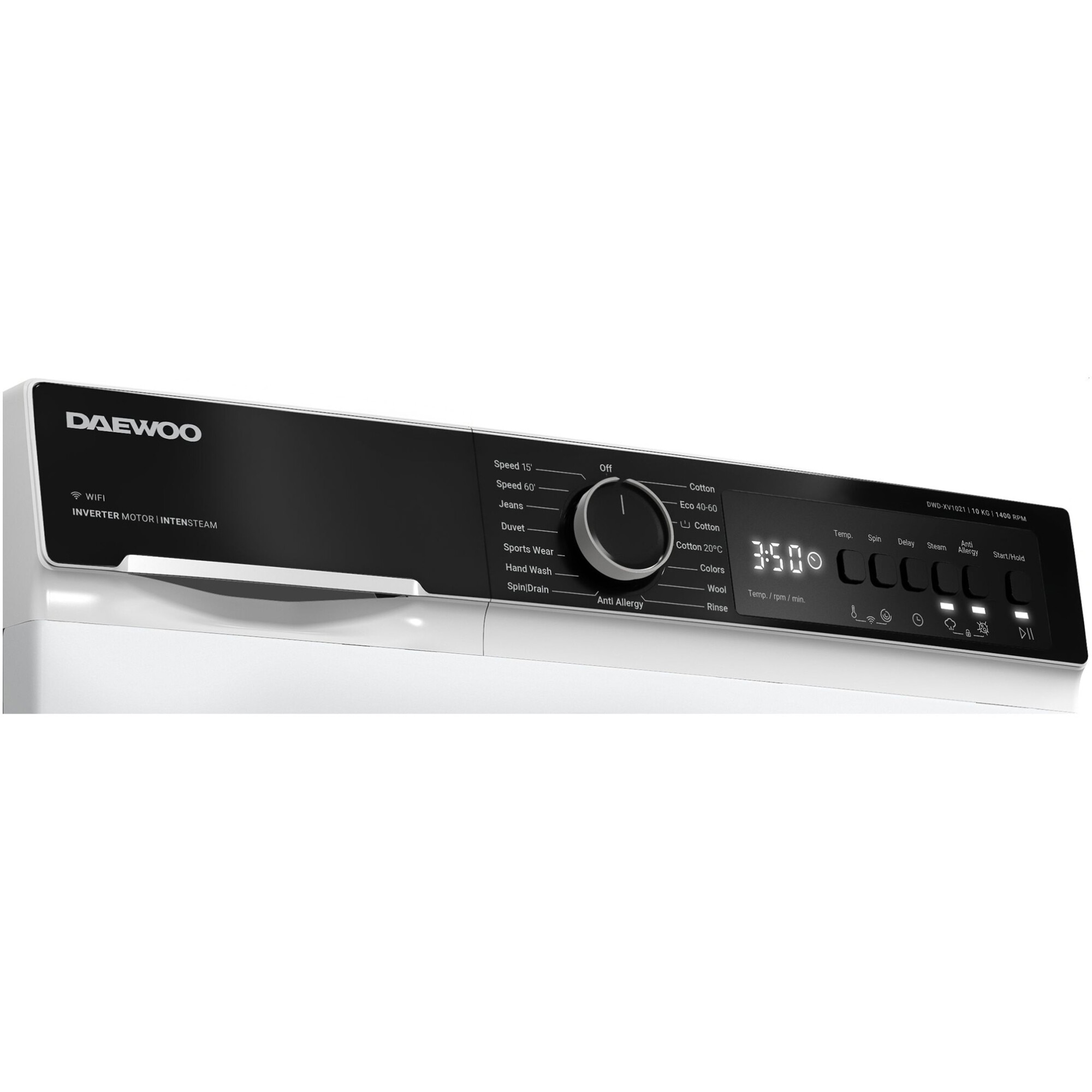 Masina de spalat rufe DWD-XV1021 Daewoo, 10 kg, Clasa A, 1400 rpm, Motor inverter, Spalare cu Abur, Functie Wi-fi, Usa XXL, Alb