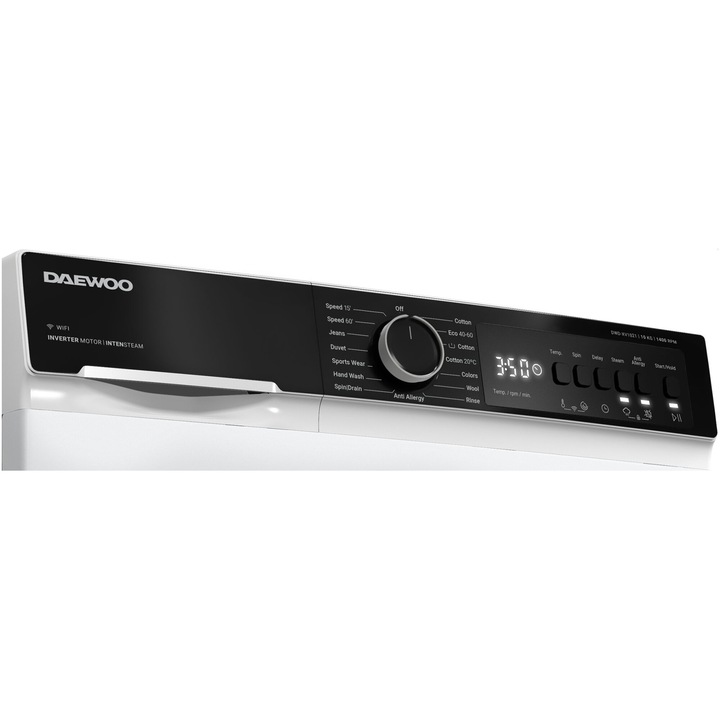 Masina de spalat rufe DWD-XV1021 Daewoo, 10 kg, Clasa A, 1400 rpm, Motor inverter, Spalare cu Abur, Functie Wi-fi, Usa XXL, Alb