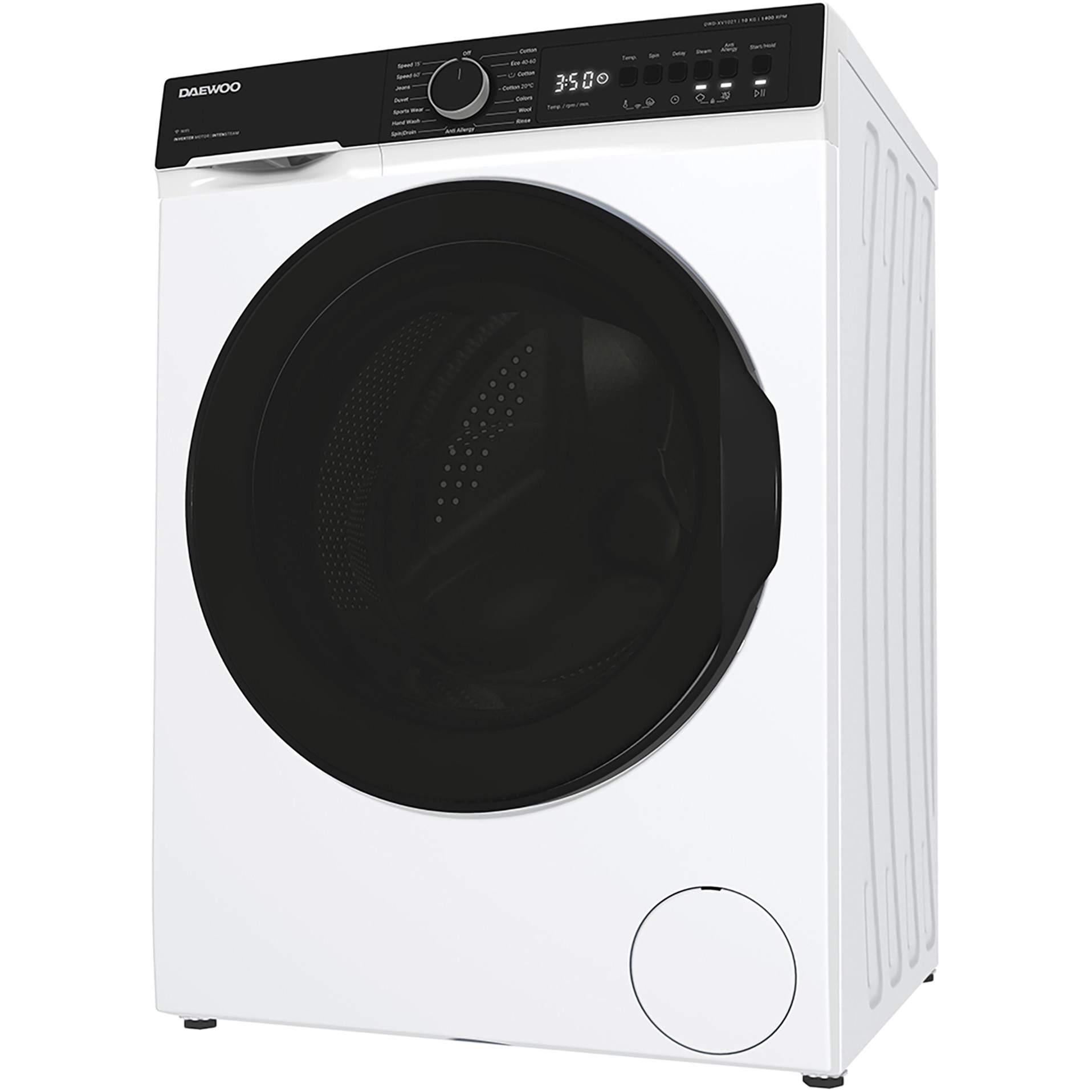 Masina de spalat rufe DWD-XV1021 Daewoo, 10 kg, Clasa A, 1400 rpm, Motor inverter, Spalare cu Abur, Functie Wi-fi, Usa XXL, Alb
