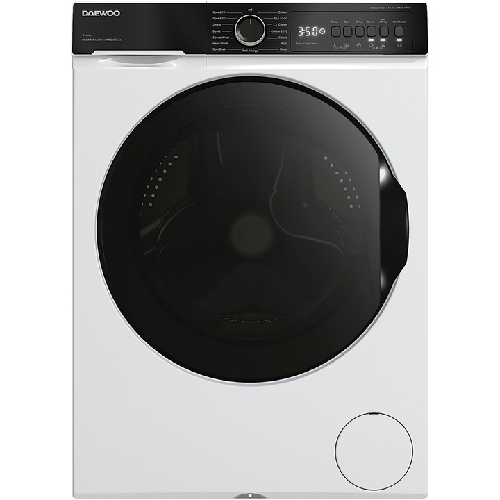 Masina de spalat rufe DWD-XV1021 Daewoo, 10 kg, Clasa A, 1400 rpm, Motor inverter, Spalare cu Abur, Functie Wi-fi, Usa XXL, Alb