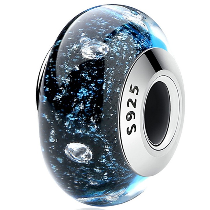 Talisman dama, argint/sticla Murano, 9x15mm, transparent/negru