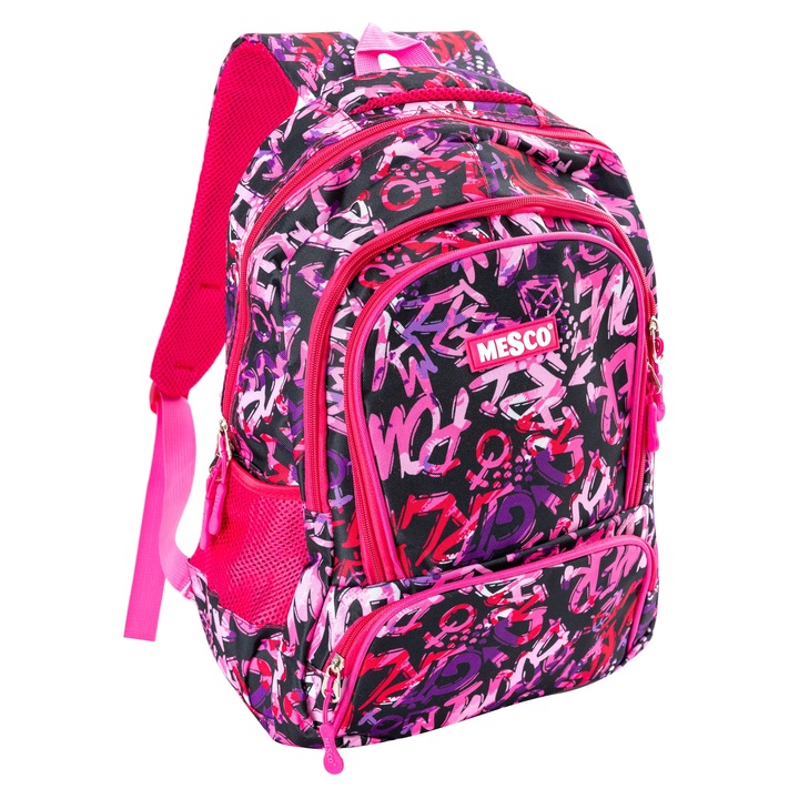 Mesco iskolatáska, lánymodell, 4 rekeszes és tolltartó, rózsaszín, 44 x 32 x 16 cm