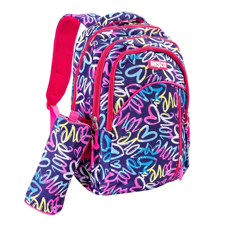 Mesco iskolatáska, Szívek, 4 rekeszes és tolltartó, Többszínű/Rózsaszín, 44 x 32 x 16 cm