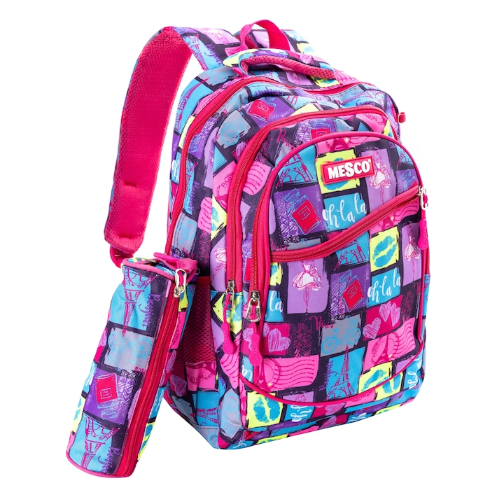 Iskolatáska Mesco, Paris, 4 rekeszes és tolltartó, Multicolor, 44 x 32 x 16 cm