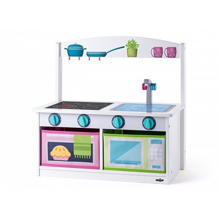 Bucatarie de joaca 2 in 1, WoodyLand, lemn, multicolor, 59x58x31,5cm, 3+ ani