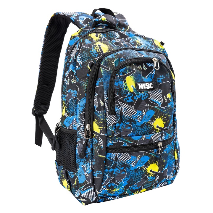 Mesco iskolatáska, gördeszka modell, 4 rekeszes és tolltartó, többszínű, 44 x 32 x 16 cm