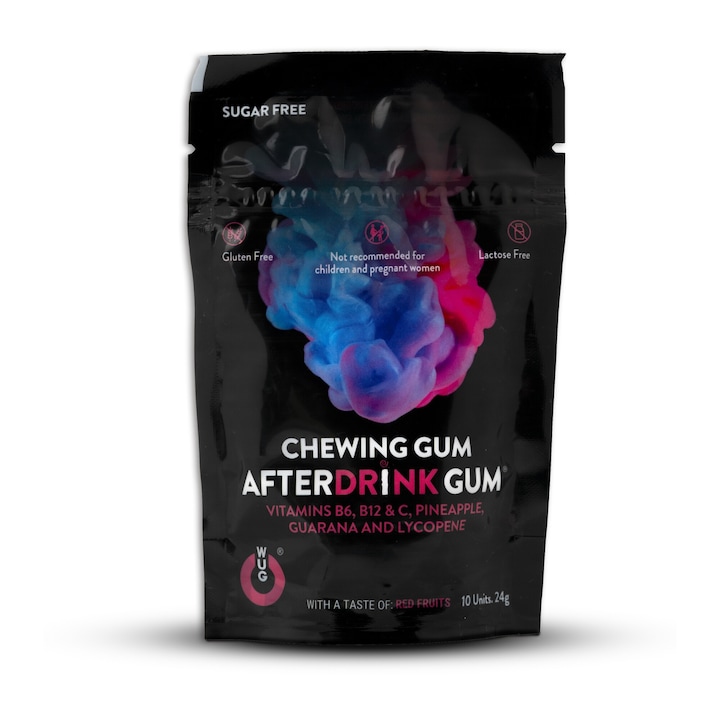 Wugum AFTER DRINK - cukormentes másnaposság űző étrend-kiegészítő rágógumi, B6-, B12- és C-vitaminnal, vegán, piros gyümölcs ízű, 10 x 25 mg