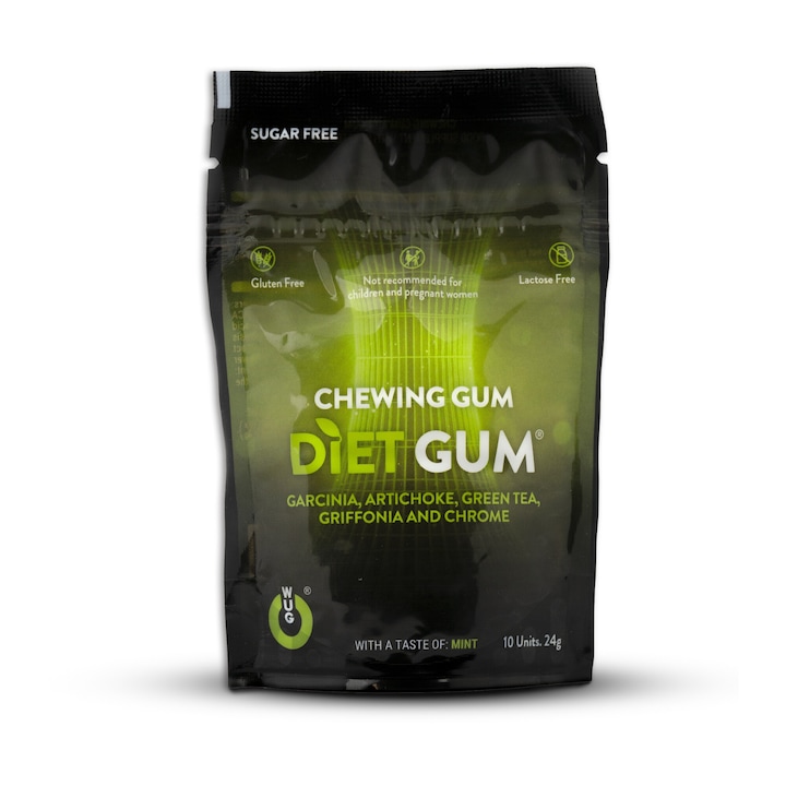 Wugum DIET GUM - cukormentes étvágycsökkentő étrend-kiegészítő rágógumi, garcínia, articsóka és zöld tea kivonattal, vegán, menta ízű, 10 x 25 mg