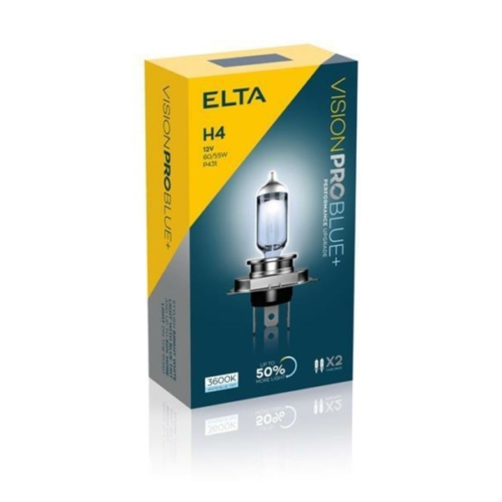 Set 2 becuri auto Elta VisionPro, 12V 60/55W P43t H4, +50%, 3600K