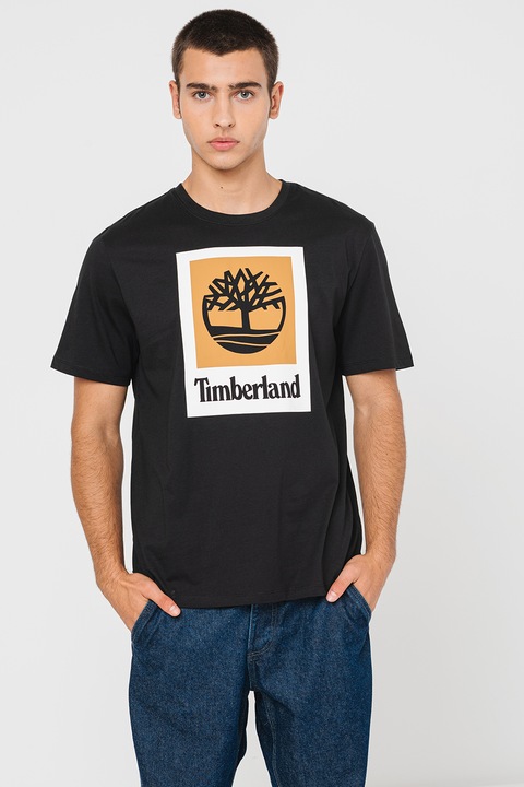 Timberland, Памучна тениска с лого, Бял/Черен/Кафяв