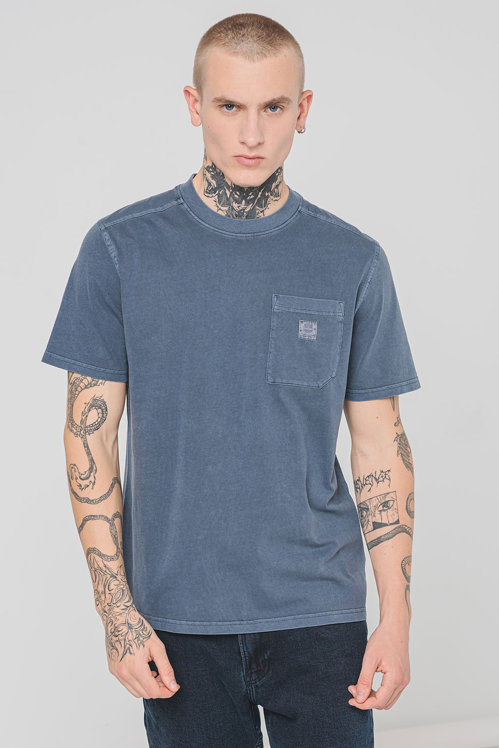 Timberland, Tricou de bumbac cu decolteu la baza gatului, Albastru inchis, L