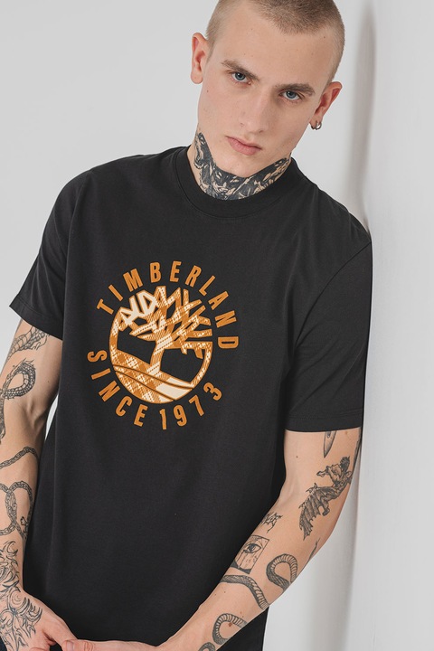 Timberland, Памучна тениска с лого, Черен/Светлокафяв