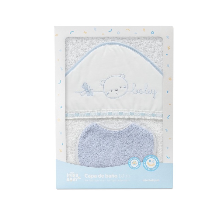 Set prosop cu gluga si baveta pentru copii Interbaby, bumbac, 100x100cm, alb cu albastru