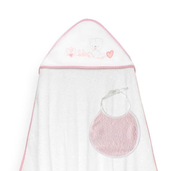 Prosop de baie pentru copii Interbaby 100x100cm, alb-roz, cu caciula si bavetica 20x20cm