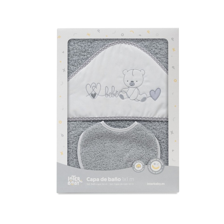 Prosop cu gluga pentru copii Interbaby, bumbac, gri, set cu baveta, 100x100cm