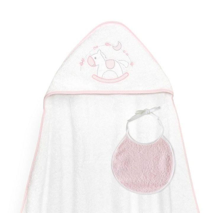 Prosop de baie pentru copii Interbaby 100x100cm, alb si roz, cu capacel si slinitel 20x20cm