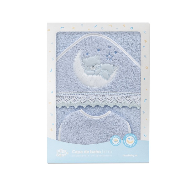 Prosop cu gluga pentru copii Interbaby, set cu baveta, 100x100cm, albastru
