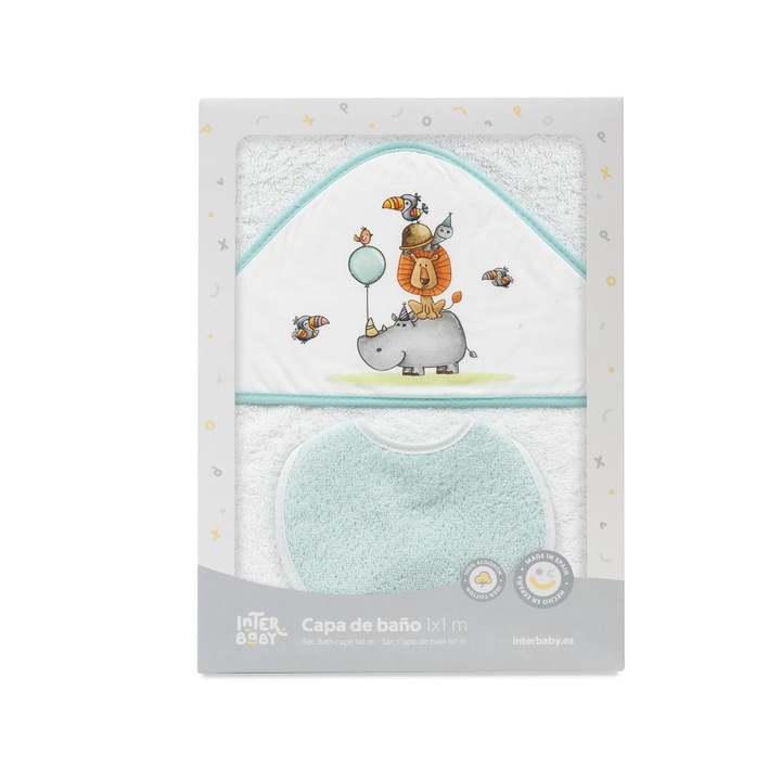 Set prosop cu gluga si baveta Interbaby, Rino Leon, 100x100cm, alb/verde