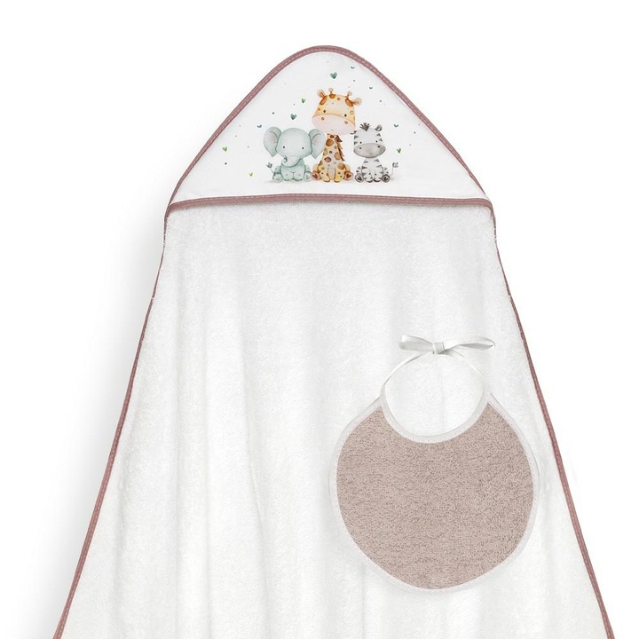 Prosop cu gluga pentru copii Interbaby, 100x100cm, alb/roz, set cu baveta