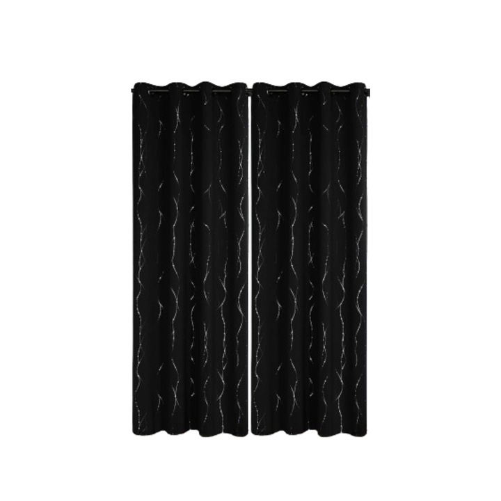 Пердета с халки, Deconovo, 142 x 260 см, със сребърен принт, Непрозрачни, Затъмнение, Визия на бельо, За Затъмняване на стаята, Термозащита и светлина, Елегантни, идеални за прозорци и врати Спалня/Хол, Комплект от 2 части, Черни