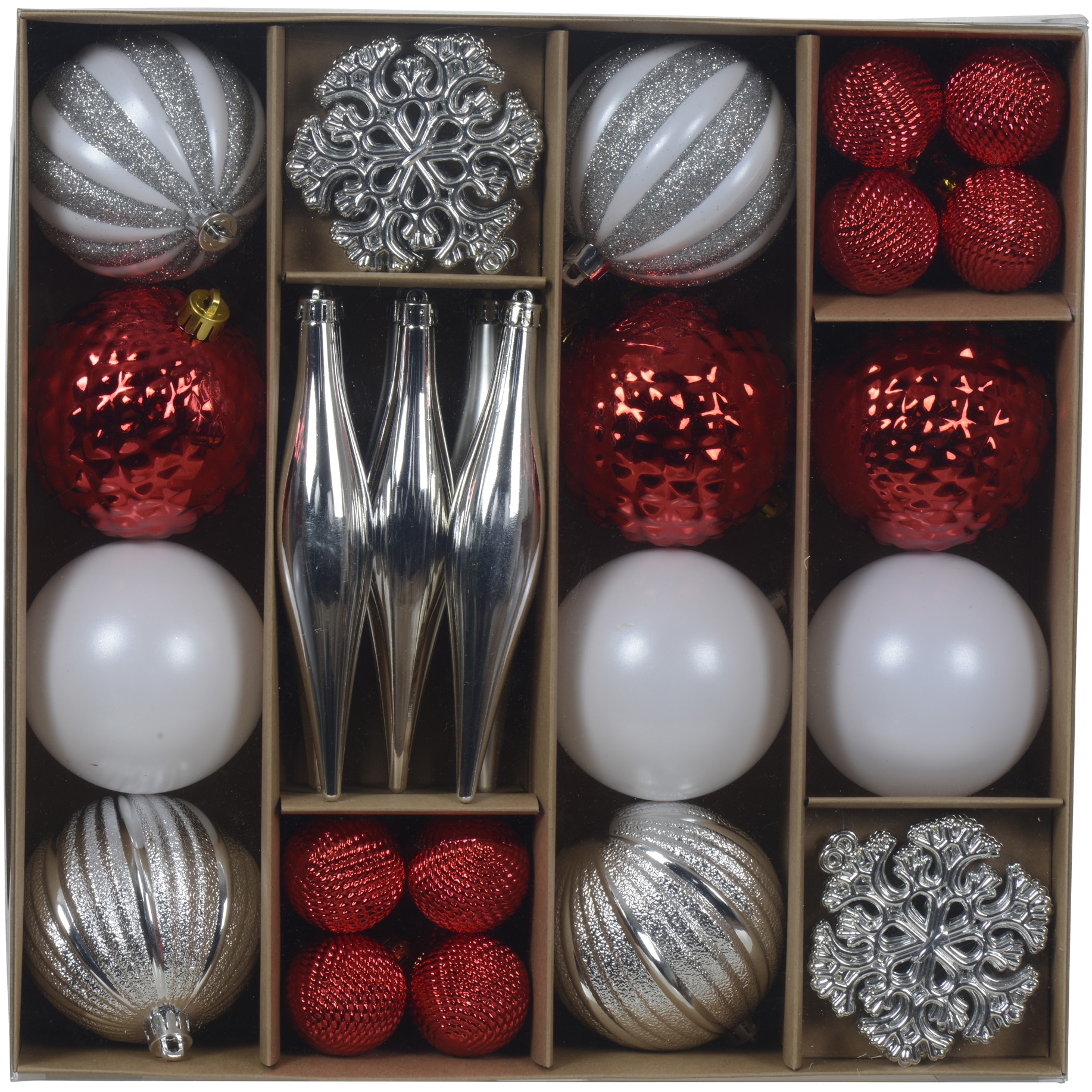 Set 46 globuri asortate Decoris, diverse marimi si forme, argintiu/rosu/alb