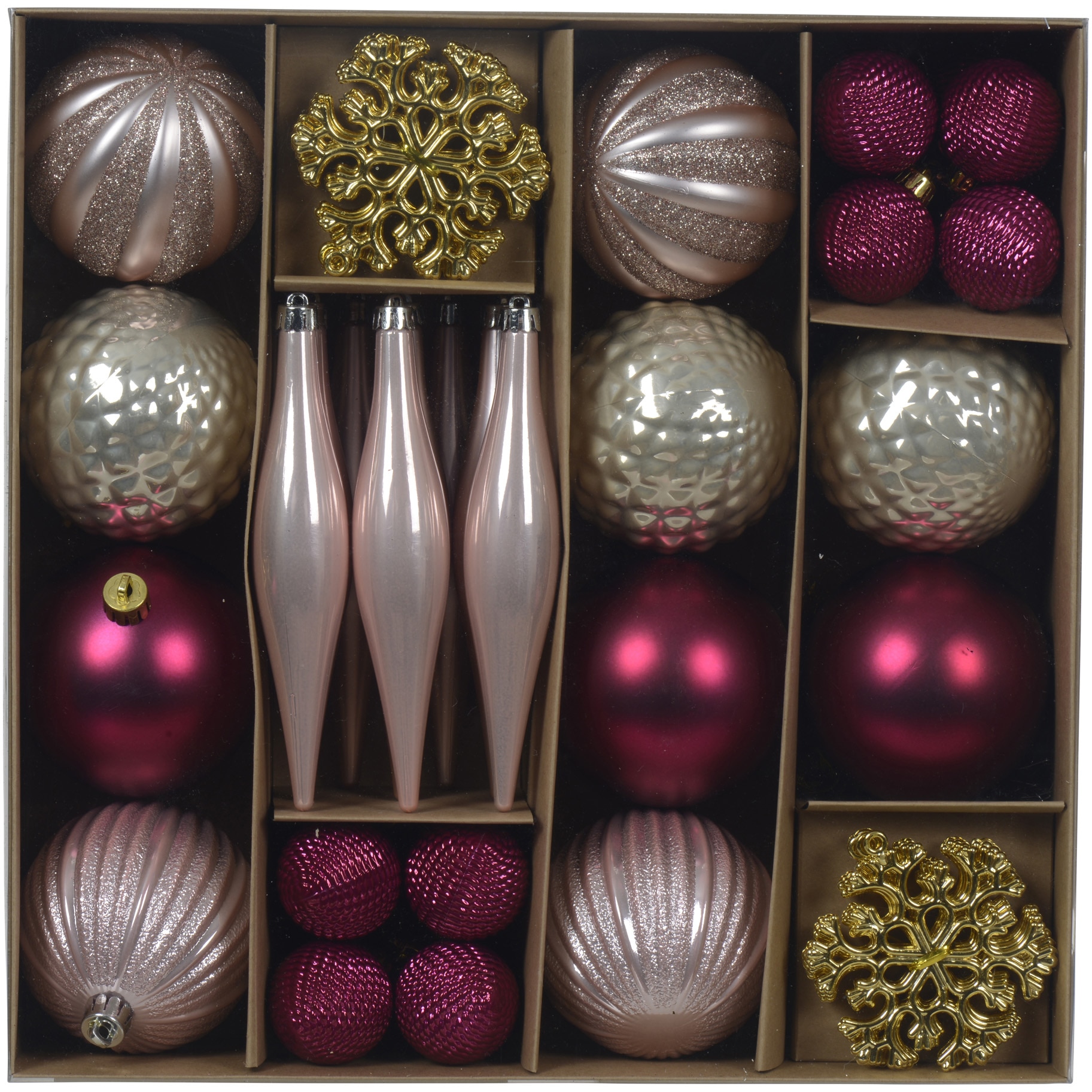 Set 46 globuri asortate Decoris, diverse marimi si forme, roz/rosu/auriu