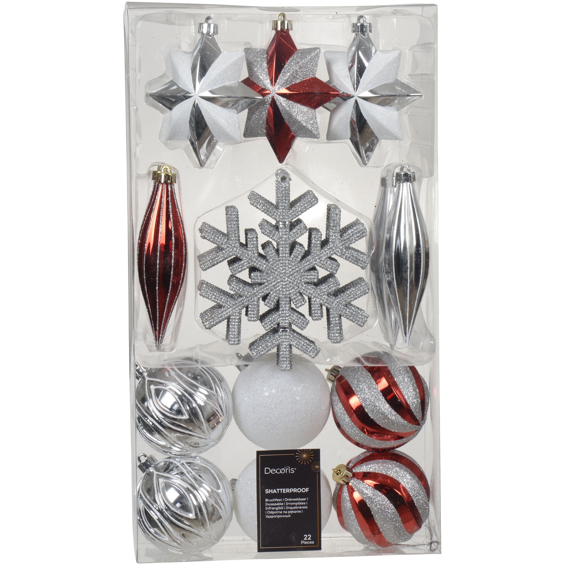 Set 22 globuri asortate Decoris, diverse marimi si forme, rosu/argintiu/alb